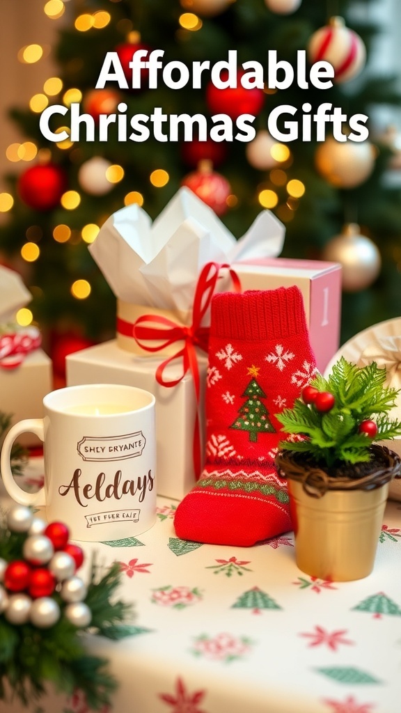 A variety of budget-friendly Christmas gifts including a mug, candle, socks, and a plant on a decorated table.